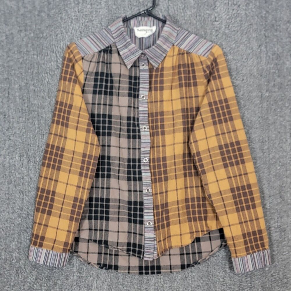 Savanna Jane Shirt Womens Small Brown Plaid Patchwork Mixed Media Button Down